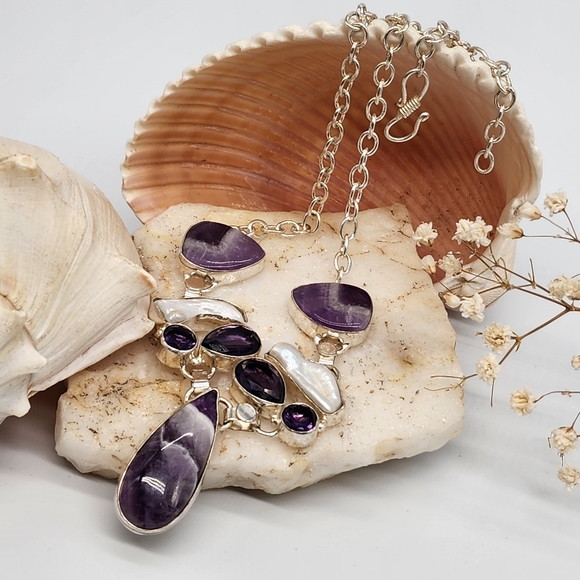 Silver 925 Long Necklace Pendant Pearl  Amethyst Stones - Picture 10 of 10